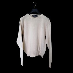 Polo Ralph Lauren Mens Cream Cotton Knit Crewneck Sweater Navy Pony Logo Large